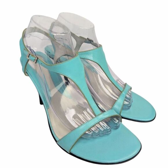 Vintage Tommy Hilfiger Aqua Blue & Green Leather T-strap Slingback Heels 9 - Picture 2 of 8
